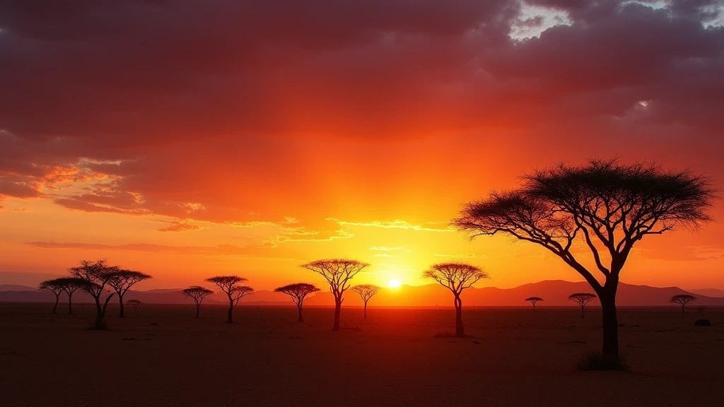 Sonnenuntergang ueber der Namib-Wueste in Solitaire, Namibia mit Kameldornbaeumen