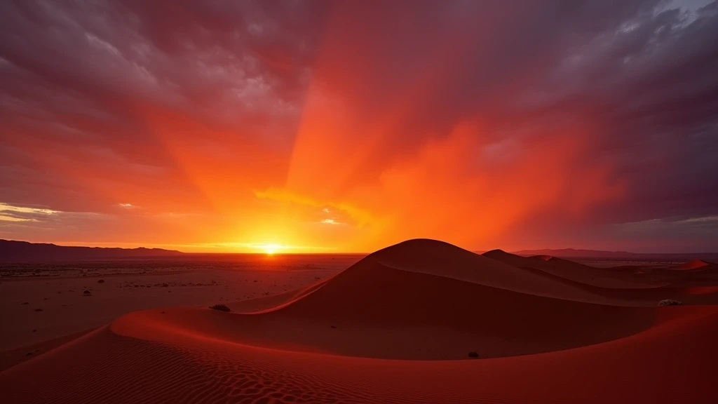 Sonnenuntergang ueber der Big Daddy Dune in Sossusvlei mit dramatischem Himmel