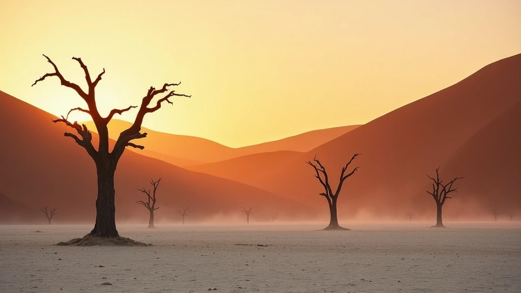 Panoramablick auf Deadvlei in Sossusvlei bei Sonnenaufgang mit skelettartigen Baeumen