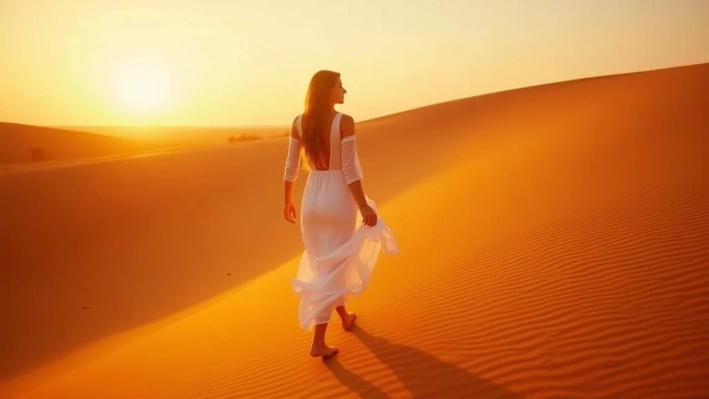 Elegante Frau in weissem Kleid laeuft barfuss ueber die Sandduenen von Sossusvlei bei Sonnenuntergang