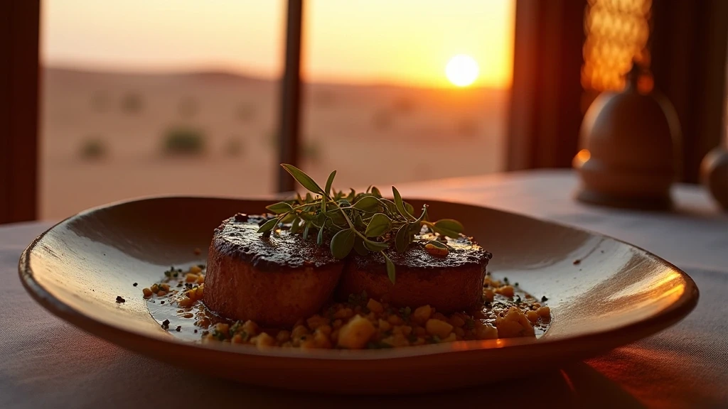 Traditionelle namibische Kueche mit Oryx-Steak in einem Luxus-Wuestenresort in Sossusvlei