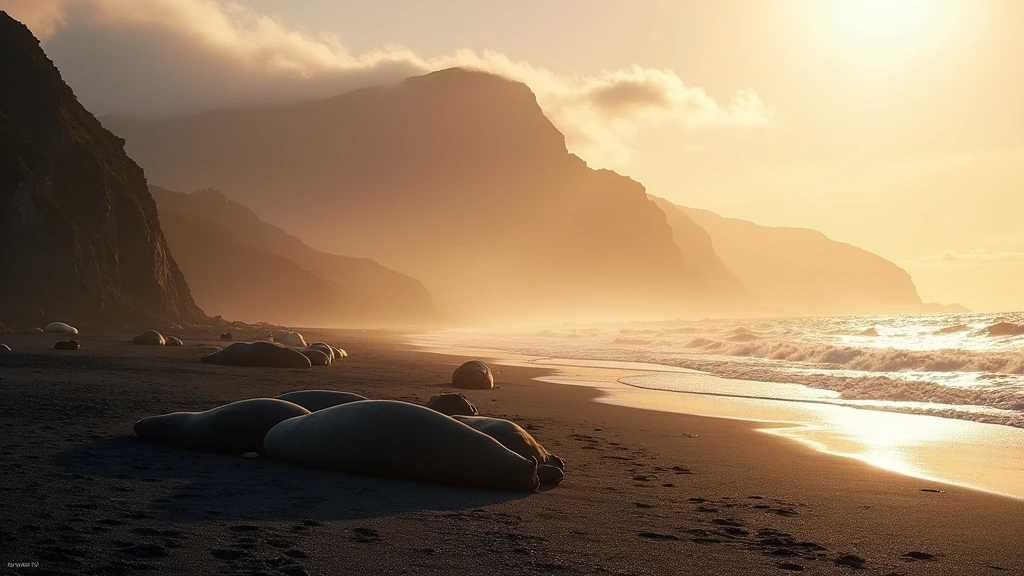 Goldene Stunde am schwarzen Sandstrand von Fortuna Bay mit See-Elefanten in South Georgia