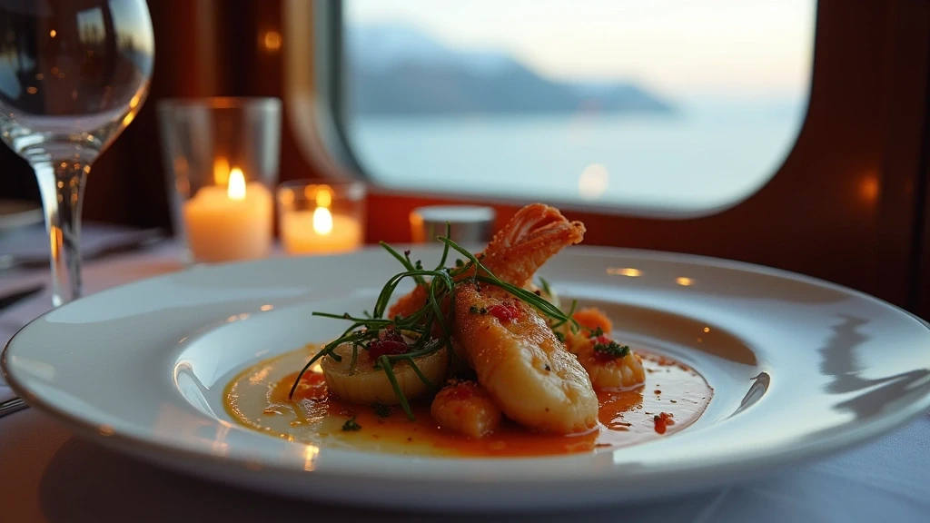 Gourmet-Menue mit lokalen Meeresfruechten auf Luxus-Expeditionsschiff in South Georgia