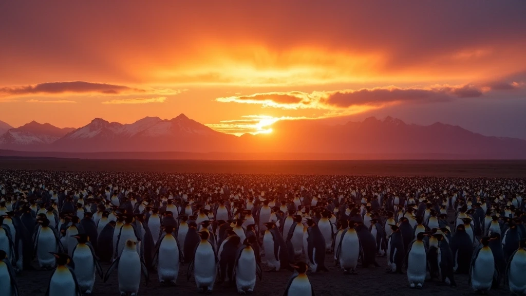 Sonnenuntergang ueber der Koenigspinguin-Kolonie auf Salisbury Plain in South Georgia