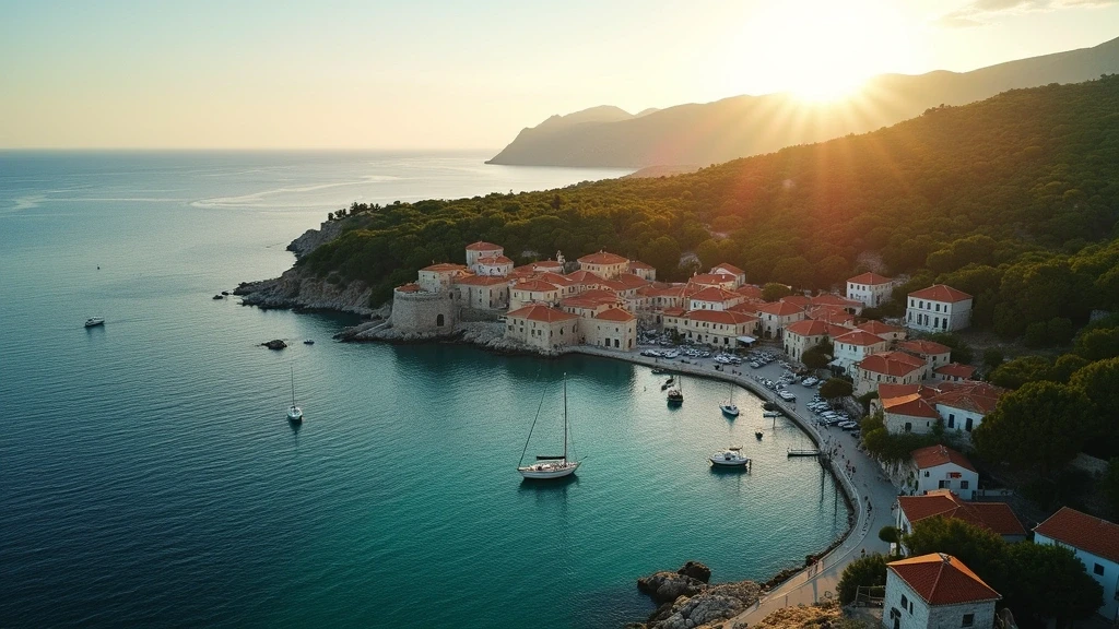 Luftaufnahme von Spetses, Griechenland mit Pinienhuegeln, Buchten und traditionellen Steinhaeusern zur goldenen Stunde