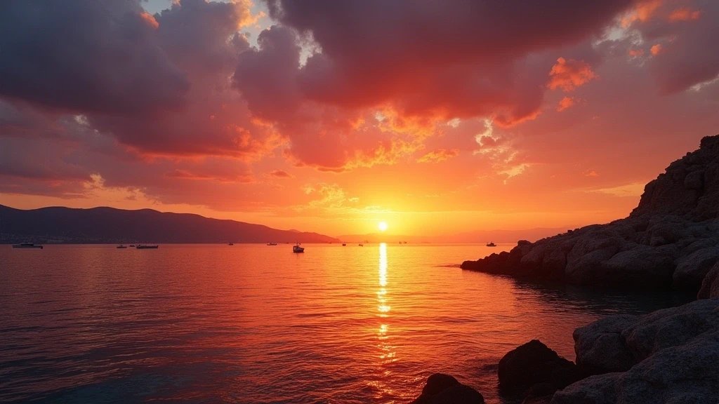 Sonnenuntergang ueber der Aegaeis vor Spetses mit Fischerboot-Silhouetten und Peloponnes-Bergen