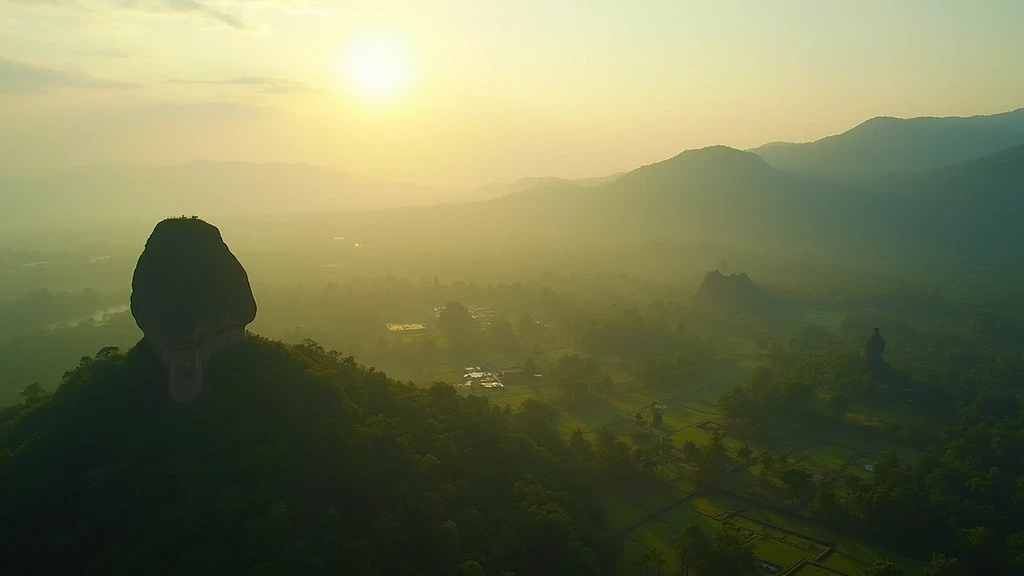 Luftaufnahme der antiken Sigiriya-Felsenfestung im Kultur-Dreieck Sri Lankas zur goldenen Stunde