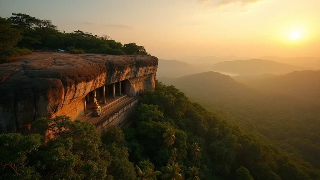 Panoramablick auf den Dambulla-Hoehlentempel im Kultur-Dreieck Sri Lankas