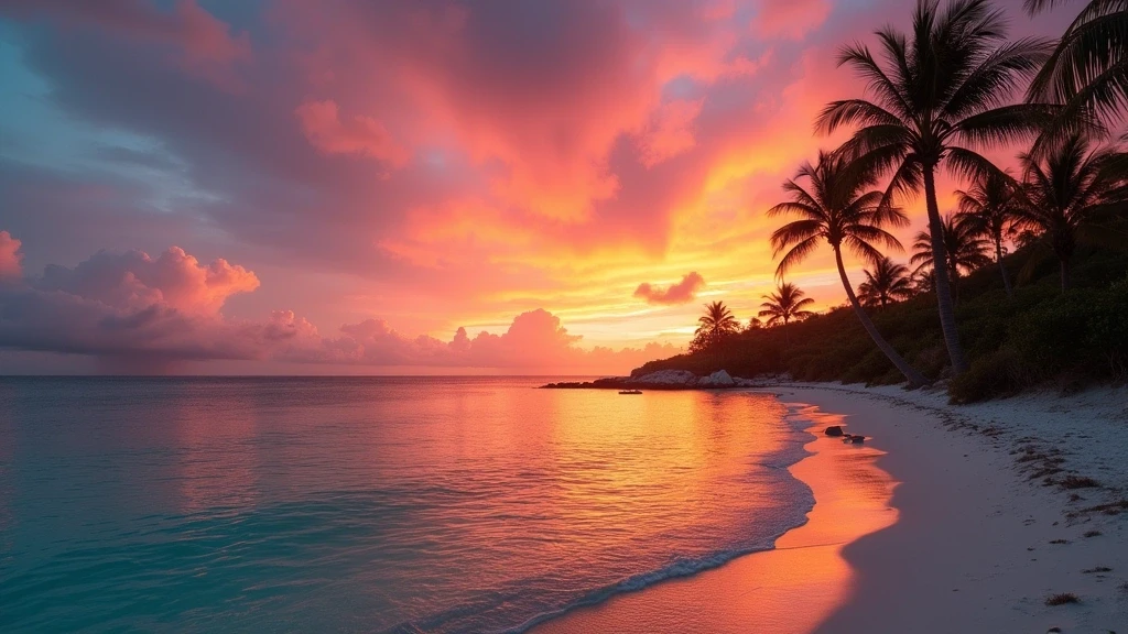 Sonnenuntergang am Colombier Strand in St. Barthélemy mit dramatischem Himmel und türkisfarbenem Meer