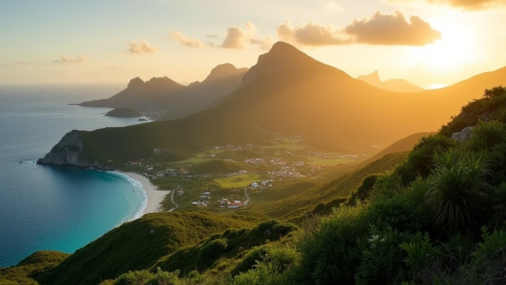 Panoramablick auf die vulkanischen Hügel von Morne du Vitet in St. Barthélemy zur goldenen Stunde