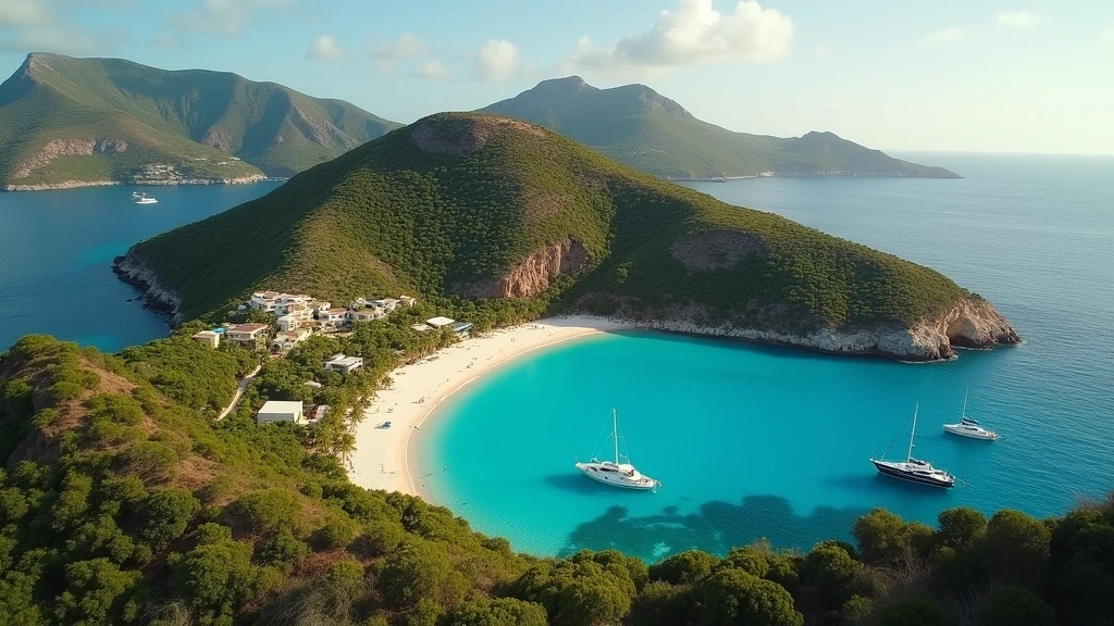 Luftaufnahme der dramatischen Küste von St. Barthélemy mit Buchten und Luxusvillen zur goldenen Stunde
