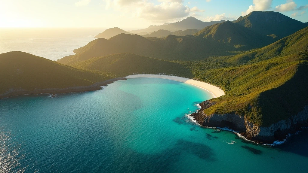 Dramatische Luftaufnahme der vulkanischen Küste von St. Barths mit versteckten Buchten und türkisfarbenem Wasser zur goldenen Stunde