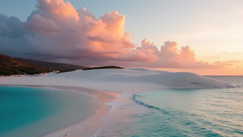 Panorama von Saline Beach auf St. Barths bei Sonnenuntergang mit weissen Sandduenen und tuerkisfarbenen Wellen