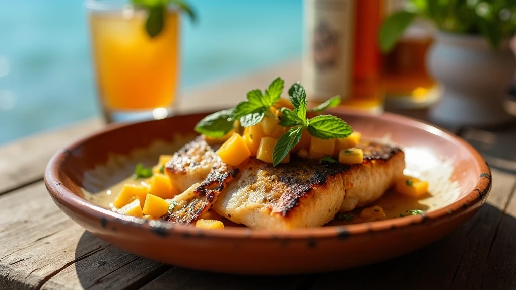 Traditionelles karibisches Fischgericht mit Mahi-Mahi und Mango-Salsa in St. John auf handgemachter Keramik