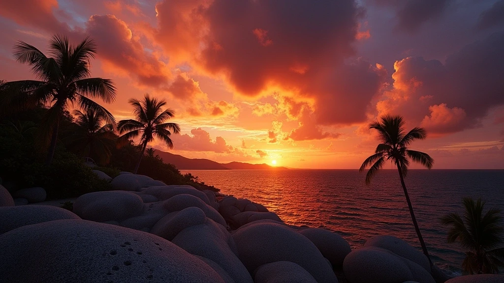 Sonnenuntergang ueber dem Virgin Islands National Park in St. John mit Petroglyphen und Palmen-Silhouetten