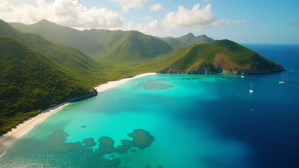 Luftaufnahme von Trunk Bay in St. John, US Virgin Islands mit sichtbarem Unterwasser-Schnorchelpfad zur goldenen Stunde
