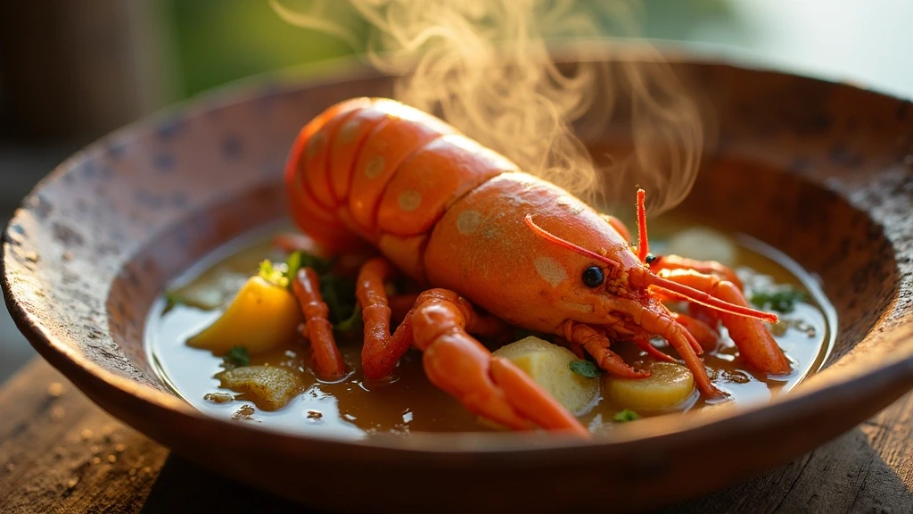 Traditionelle kreolische Meeresfruechte-Bouillon im Ladera Resort in St. Lucia mit frischem Hummer