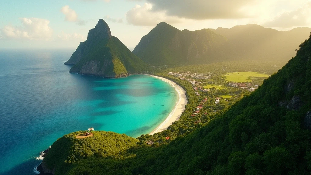 Luftaufnahme der ikonischen Pitons in St. Lucia zur goldenen Stunde mit Regenwald und tuerkisfarbenen Buchten