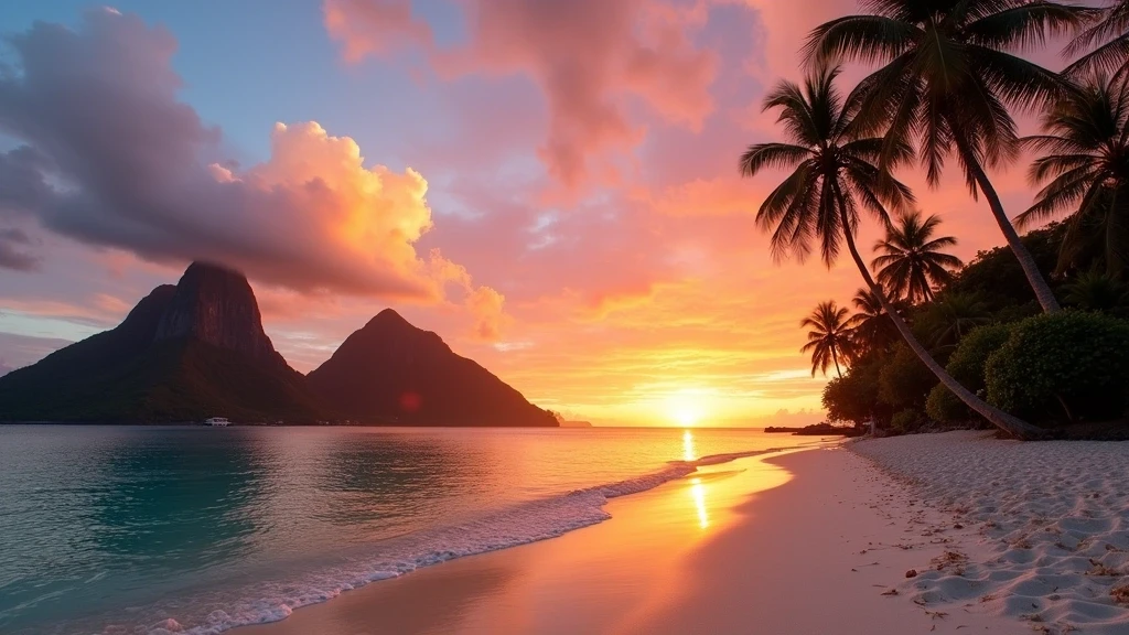 Sonnenuntergang ueber den Pitons am Sugar Beach in St. Lucia mit tuerkisfarbenem Wasser
