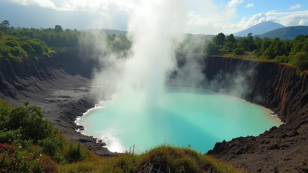 Panoramablick auf die Schwefelquellen und den Vulkan Krater in St. Lucia mit dampfenden Becken