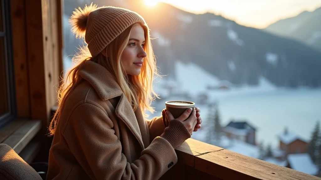 Elegante Frau geniesst heisse Schokolade mit Blick auf St. Moritzersee