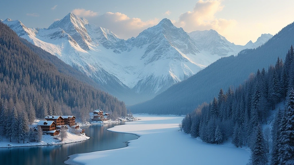 Luftaufnahme von St. Moritz mit verschneiten Alpen und gefrorenem See zur goldenen Stunde