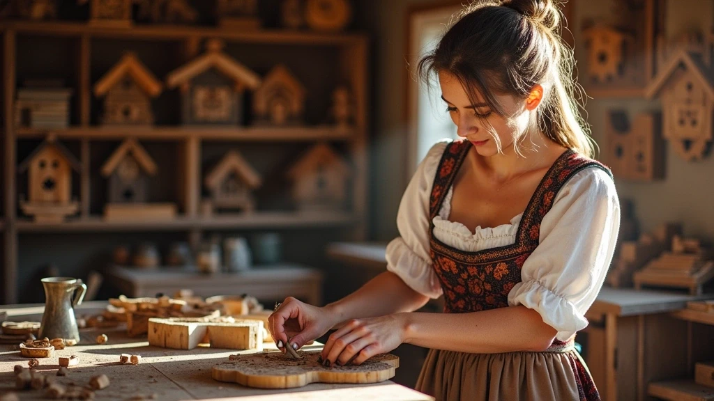 Traditionelle Holzschnitzerei-Demonstration mit Dirndl in St. Peter Werkstatt