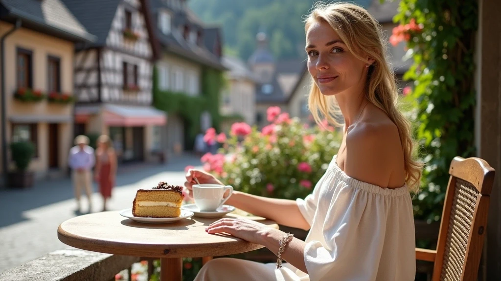 Elegante Frau geniesst Schwarzwälder Kirschtorte auf Terrasse in St. Peter