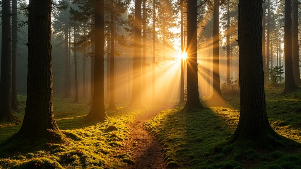 Goldene Stunde im Schwarzwald mit Lichtstrahlen durch Baeume in St. Peter