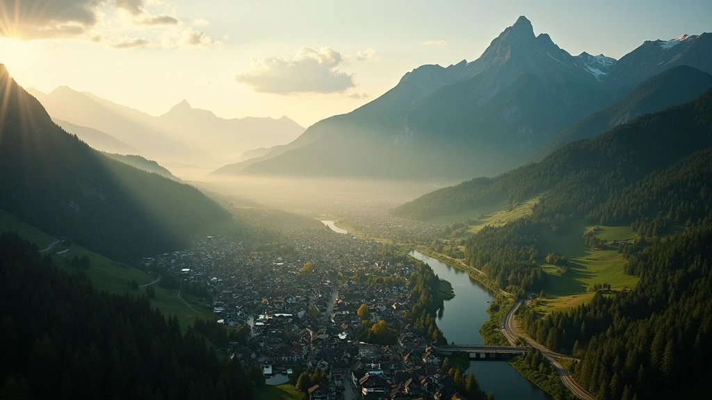 Luftaufnahme des Schwarzwalds mit traditionellen Fachwerkhaeusern in St. Peter zur goldenen Stunde