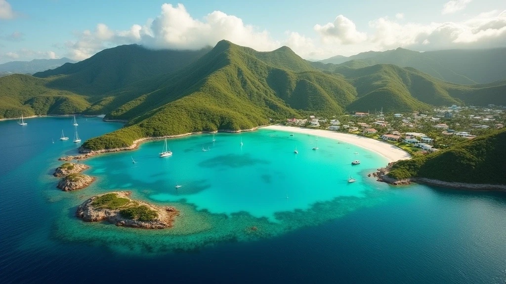 Luftaufnahme der Admiralty Bay auf Bequia mit weissem Sandstrand und tuerkisfarbenem Wasser zur goldenen Stunde