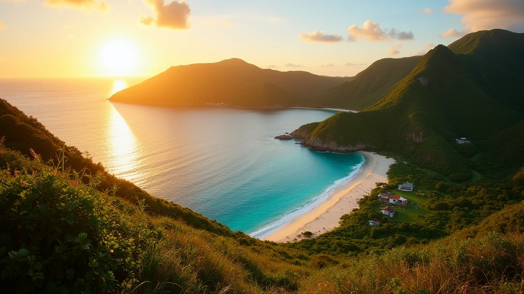 Goldene Stunde Aussicht vom Mount Pleasant auf Lower Bay auf Bequia mit Strand und Huegellandschaft