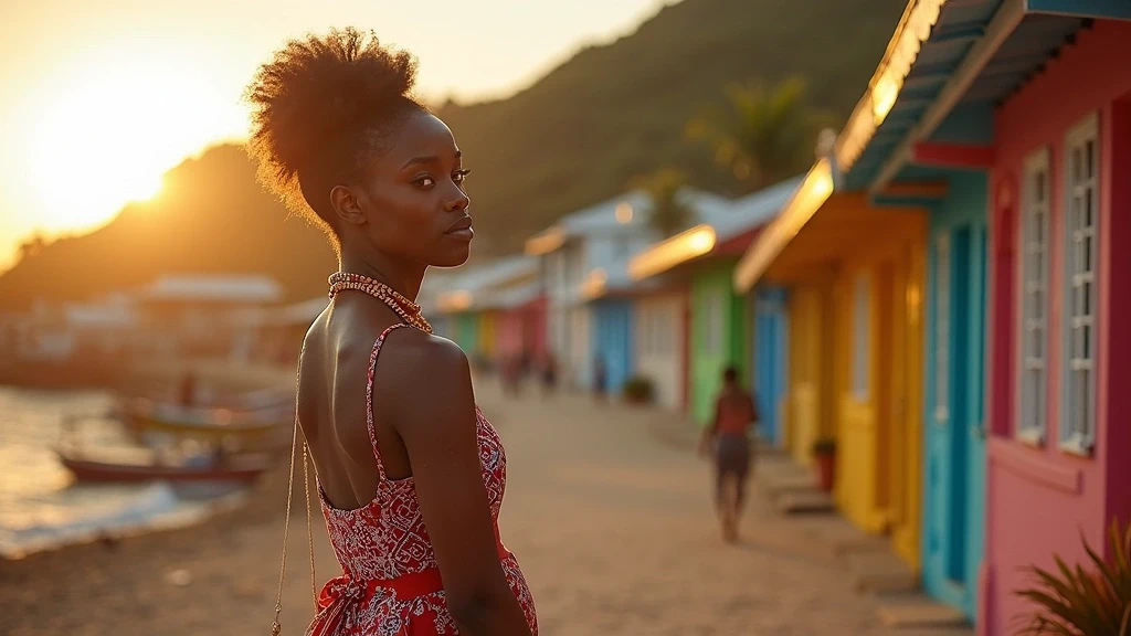 Lokale Frau in traditioneller Kleidung vor bunten Holzhaeusern in Port Elizabeth auf Bequia