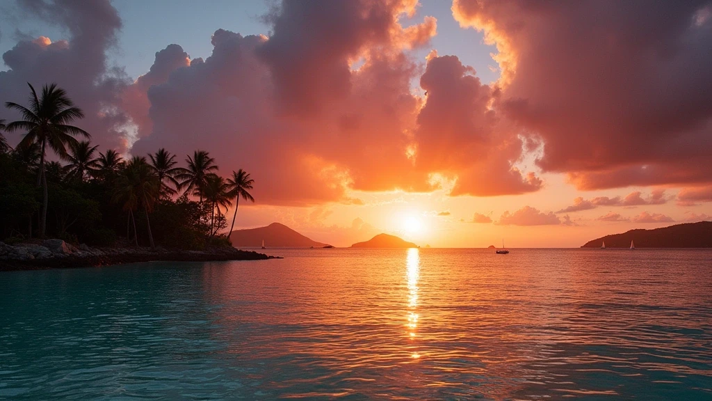 Sonnenuntergang am Princess Margaret Beach auf Bequia mit dramatischem Himmel und Palmen-Silhouetten