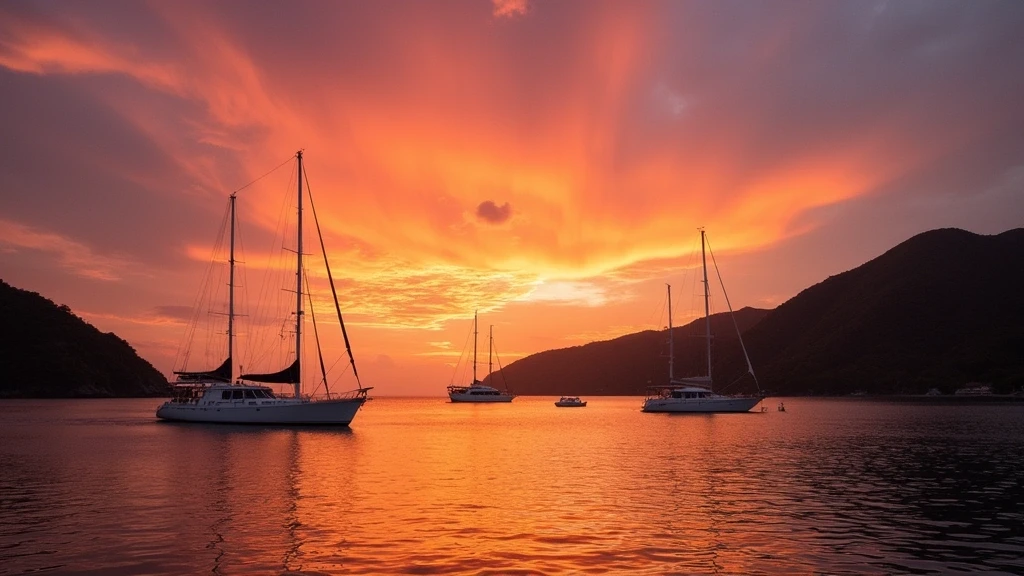 Sonnenuntergang ueber der Admiralty Bay auf Bequia mit Segelschiffen und tuerkisfarbenem Wasser