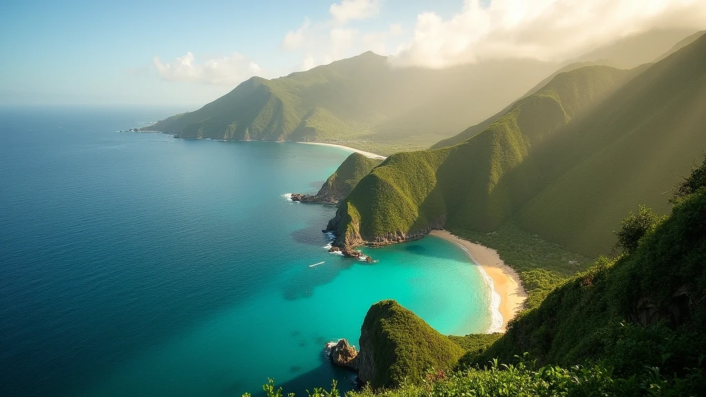 Panoramablick vom Mount Pleasant auf Spring Bay mit tuerkisfarbener Kueste und gruenen Huegeln