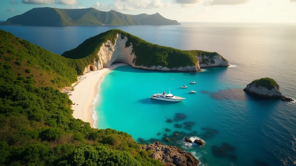Luftaufnahme von Princess Margaret Beach auf Bequia mit tuerkisfarbenem Wasser und vulkanischen Felsen zur goldenen Stunde