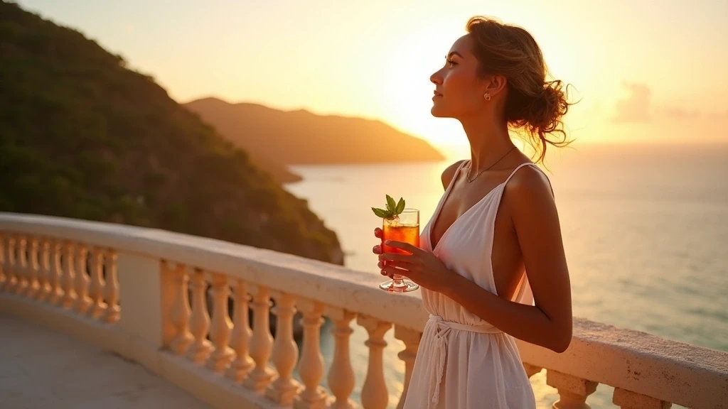 Elegante Frau geniesst Sonnenuntergang mit Rum-Punch auf Villa-Terrasse auf Bequia
