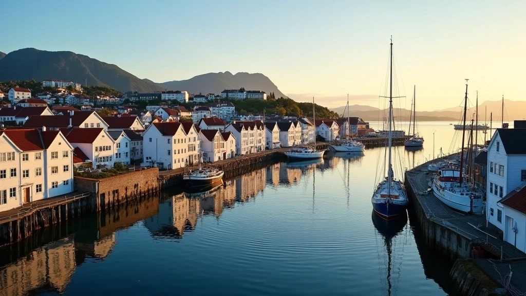 Goldene Stunde in Gamle Stavanger mit weissen Holzhaeusern und Hafen