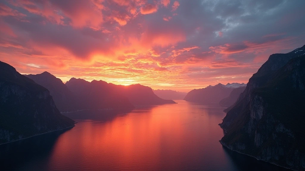 Sonnenuntergang ueber dem Lysefjord in Stavanger mit Preikestolen-Silhouette