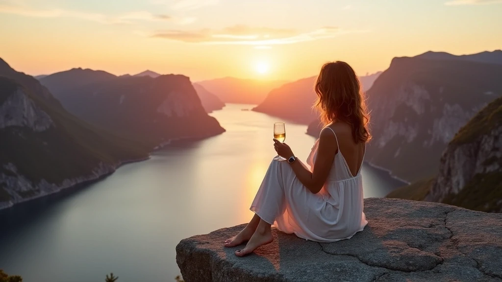 Elegante Frau auf Preikestolen in Stavanger bei Sonnenuntergang mit Fjordblick