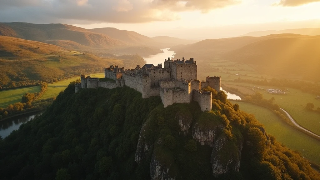 Luftaufnahme von Stirling Castle und dem River Forth in Stirling, Schottland zur goldenen Stunde