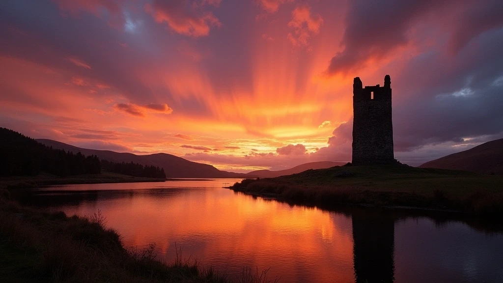Sonnenuntergang am Wallace Monument in Stirling, Schottland mit dramatischem Himmel
