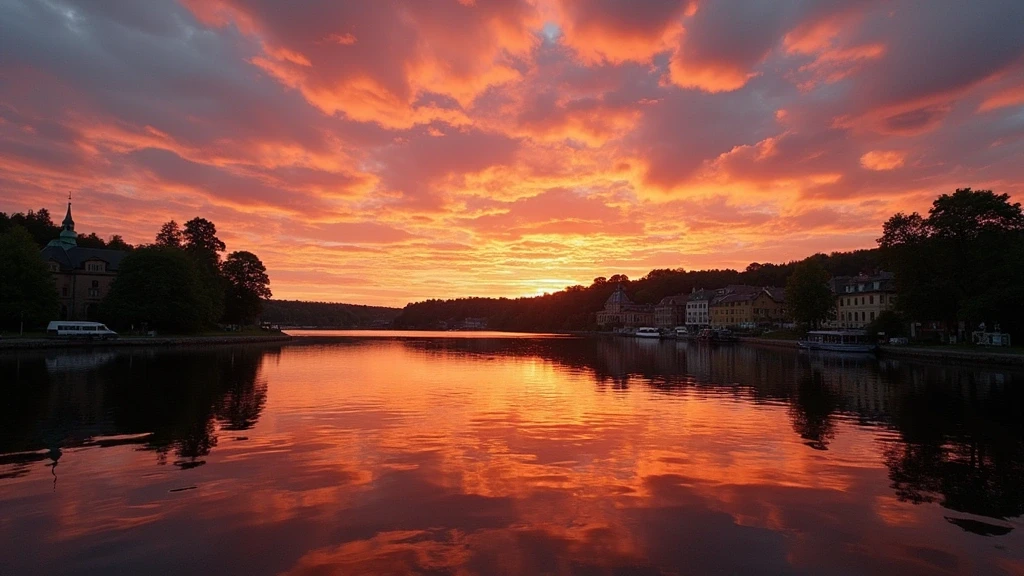 Sonnenuntergang über Djurgården in Stockholm mit historischen Haeusern und Wald