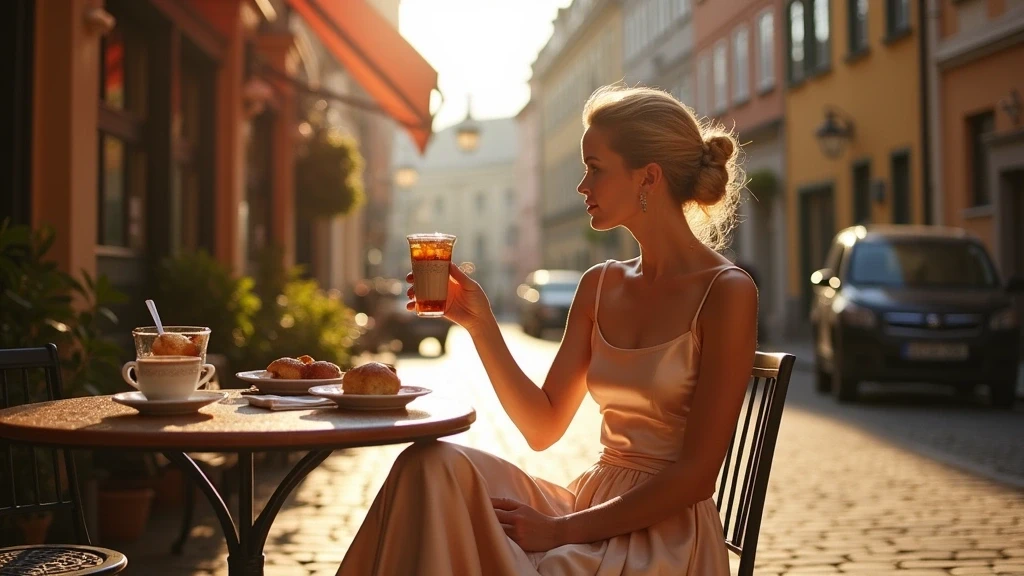 Elegante Frau geniesst schwedische Fika in Gamla Stan zur goldenen Stunde