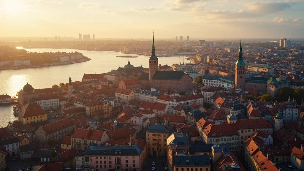 Luftaufnahme von Stockholms Schären mit historischer Altstadt und Skyline zur goldenen Stunde