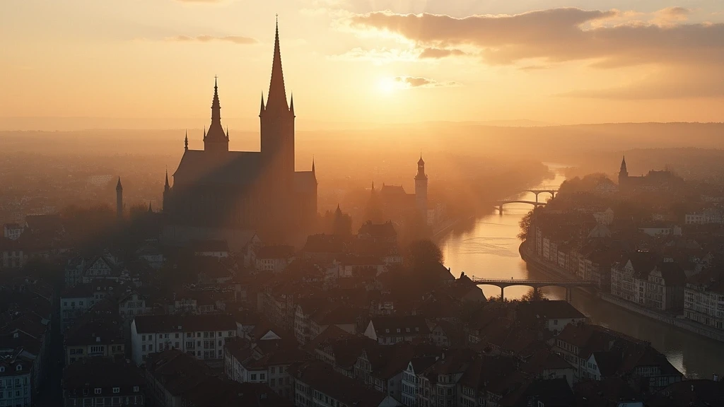 Luftaufnahme des historischen Stadtzentrums von Straßburg mit Fachwerkhaeusern und Kathedrale zur goldenen Stunde