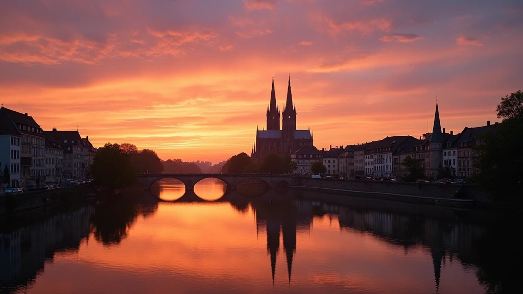 Sonnenuntergang ueber dem Ill-Fluss in Straßburg mit Spiegelung der Kathedrale