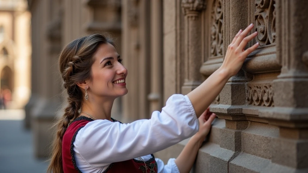 Lokale Reisefuehrerin in Elsasser Tracht zeigt Details der Straßburger Kathedrale