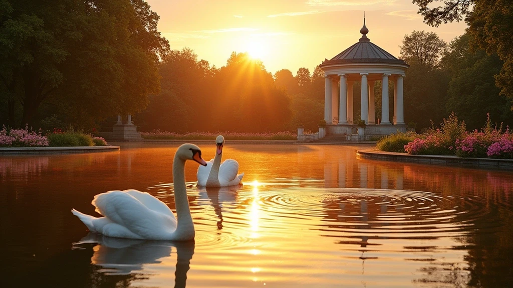 Goldene Stunde im Parc de l'Orangerie in Straßburg mit Schwanen und historischem Pavillon